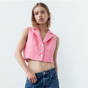 Zara pink tweed textured vest with silver buttons